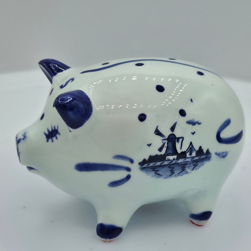 Delft Blue Ceramic Pig Salt Shaker Windmill Floral Hand Painted White Cobalt